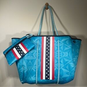 NEW Neoprene Light Blue Tote/Beach Bag Red, White & Blue Stars & Stripes Accents